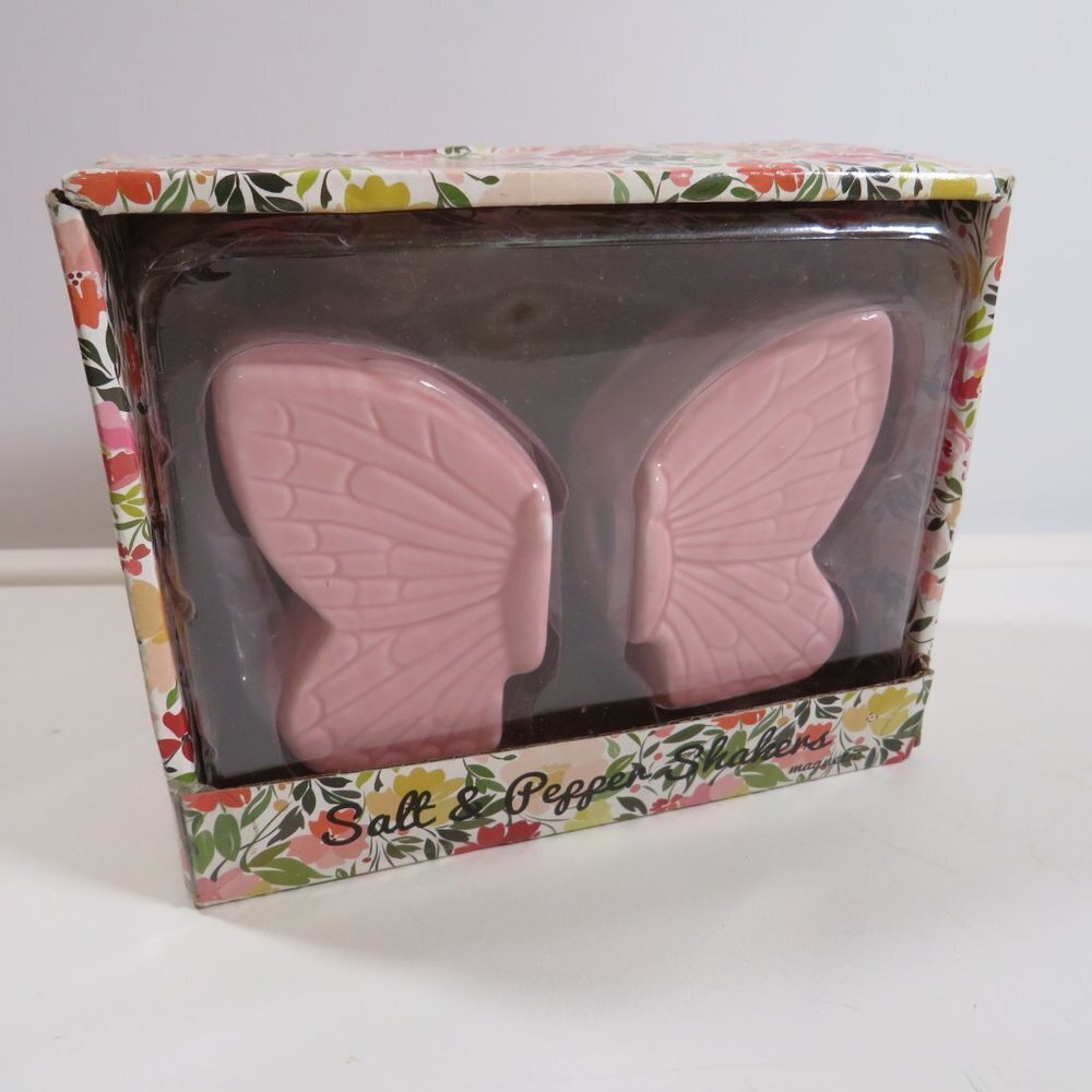 Pink Butterfly Ceramic Magnetic Salt & Pepper Shakes NEW